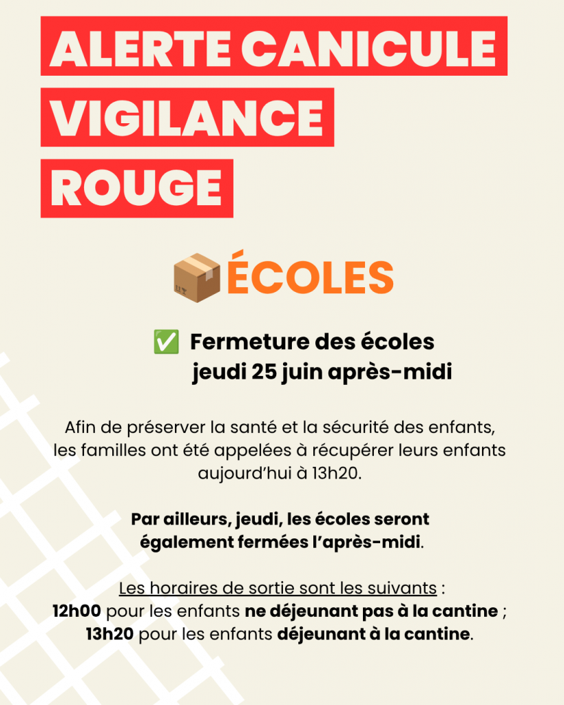 Fermeture des écoles jeudi 25 juin après-midi
